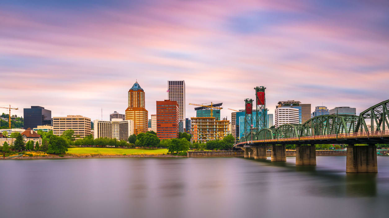 Portland, oregon skyline at sunset.