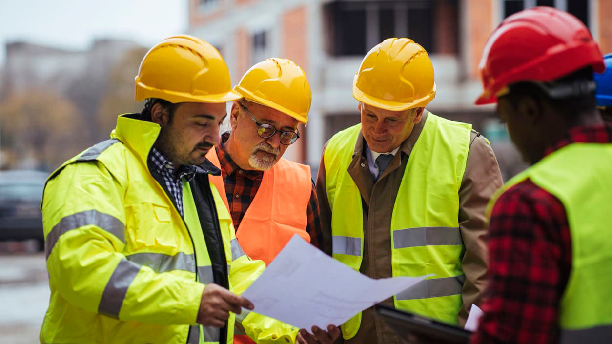 A group of construction workers looking at a piece of paper.