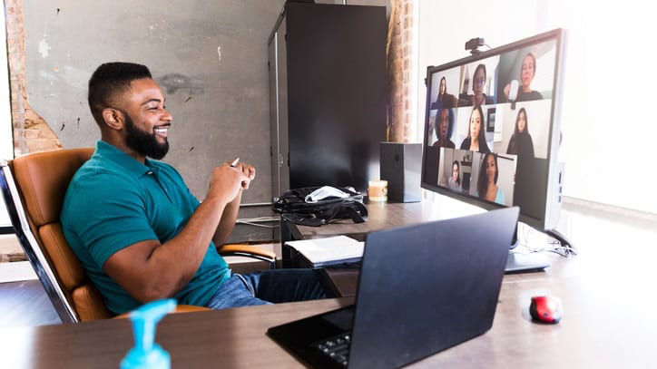 Employee on a Zoom call while working from home 