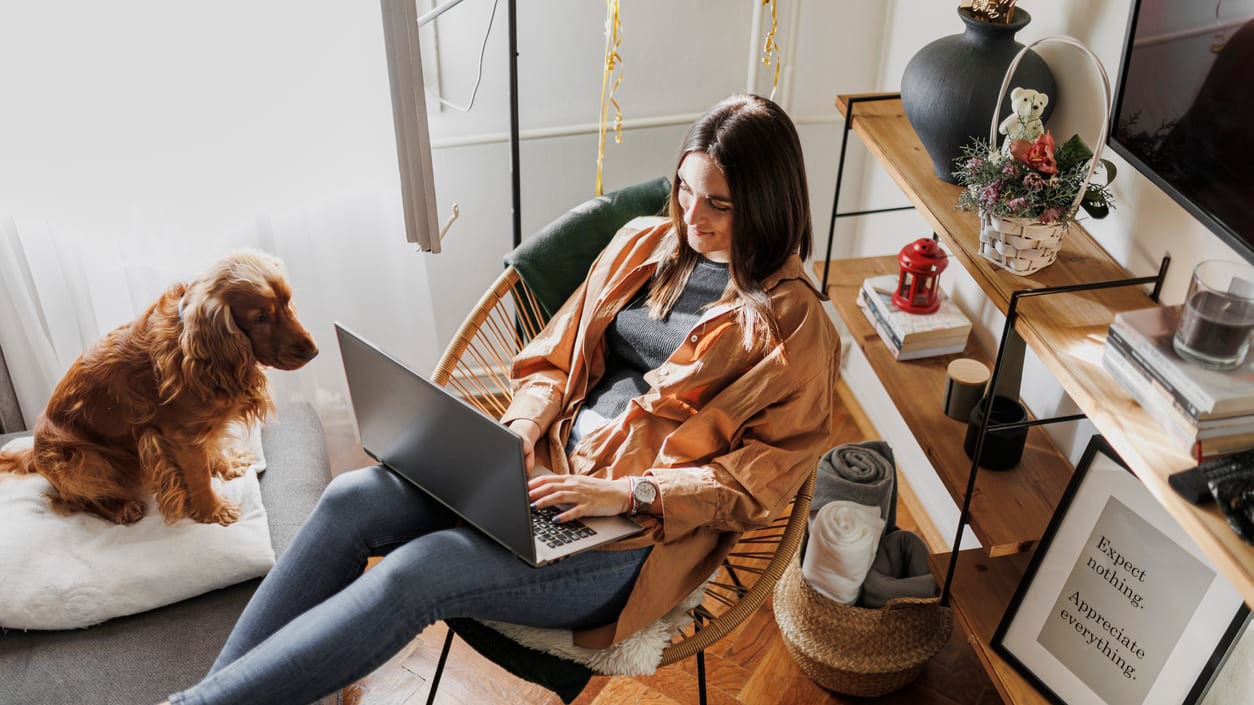 A woman sitting on a chair with a laptop and a dog.