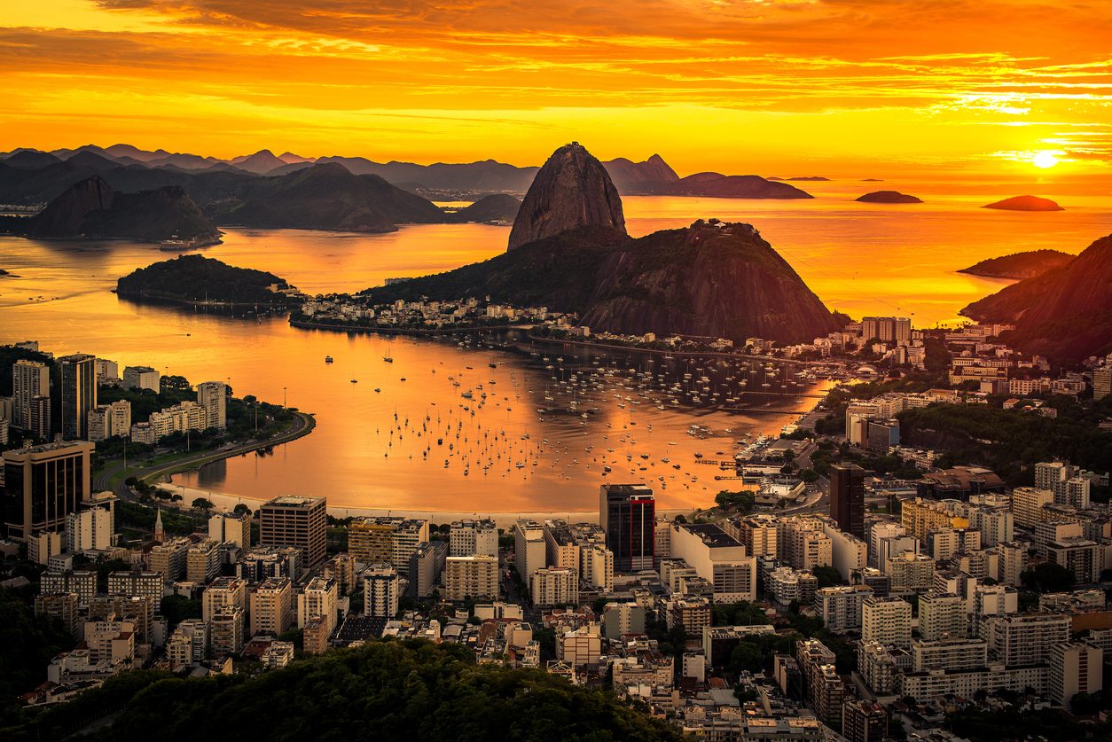 Beautiful Warm Sunrise in Rio de Janeiro With the Sugarloaf Mountain Silhouette..