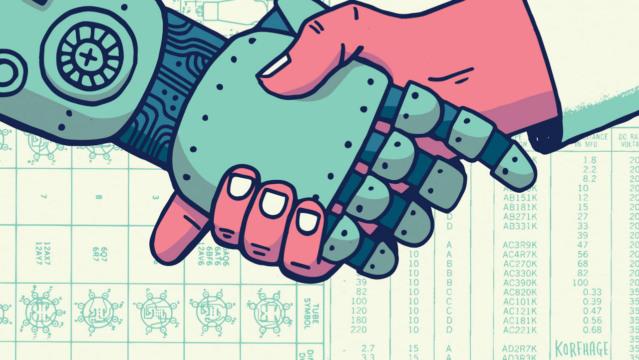 A handshake between a man and a robot.