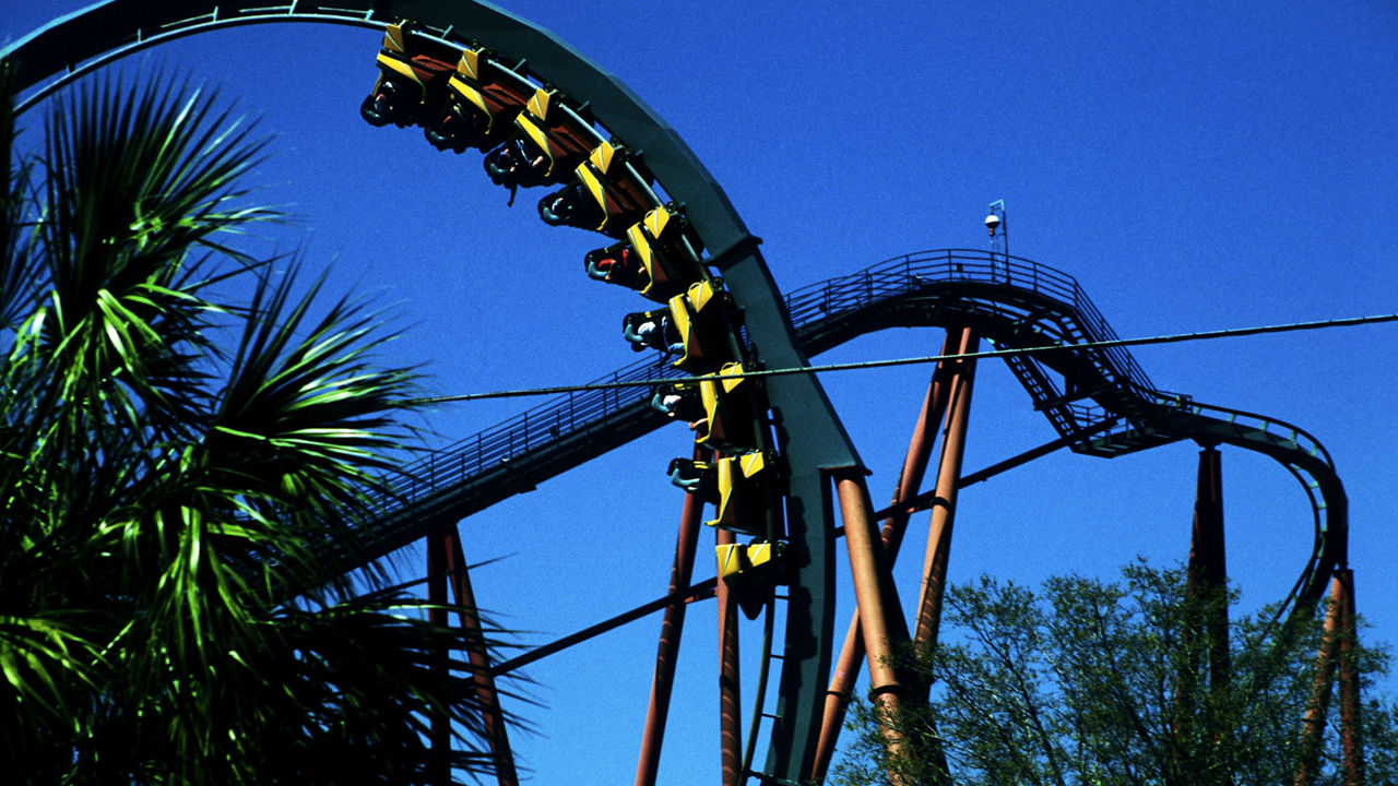 A roller coaster at an amusement park.