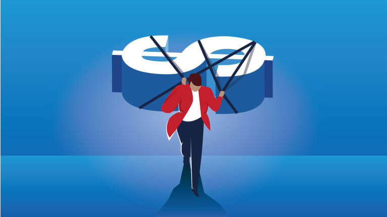 An illustration of a man carrying a bag with a euro sign on it.