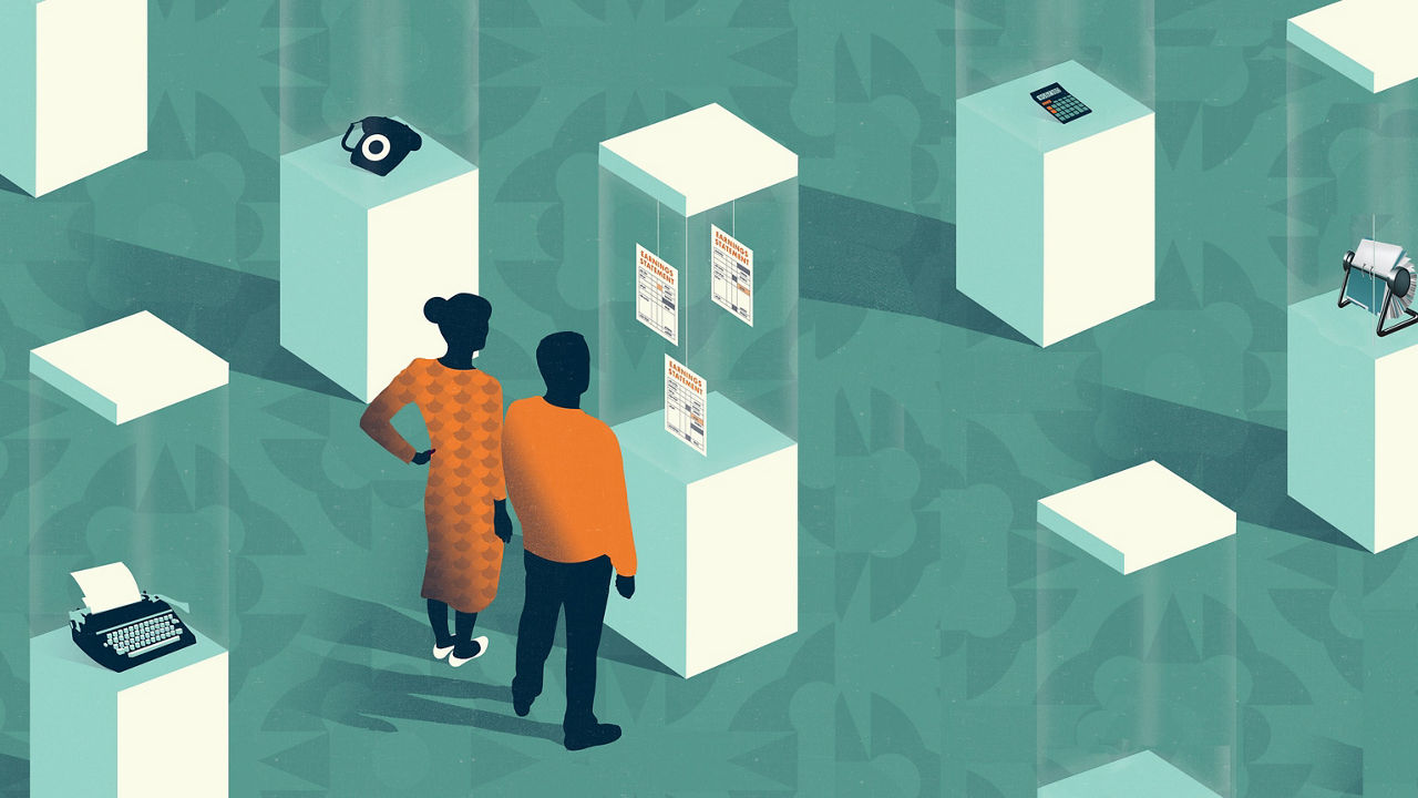 Two illustrated figures view a stylized museum exhibit on workplace technologies throughout history.