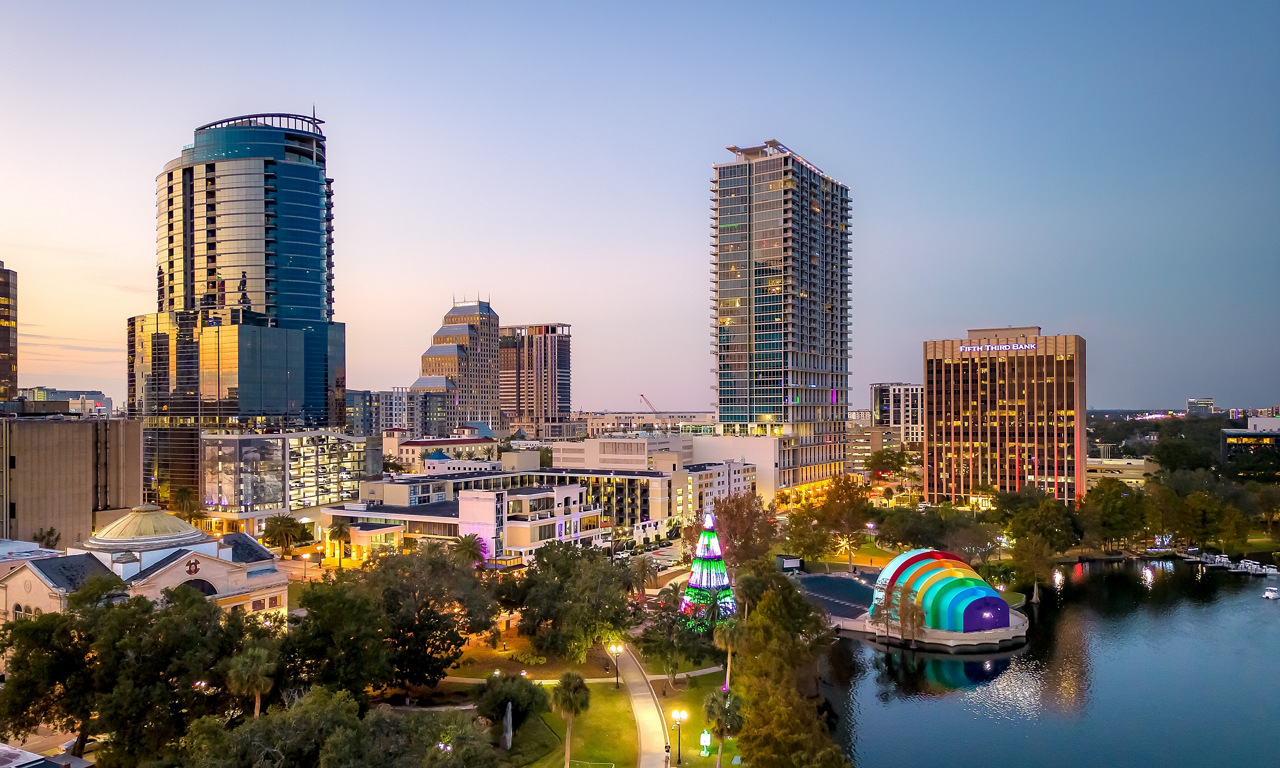 Aerial view of downtown Orlando, Florida. USA. Lake Eola Park in December 14, 2022.