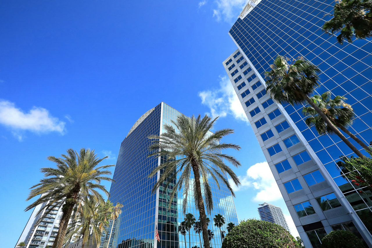 Looking up at the downtown Orlando skyline, steps away from Lake Eola.