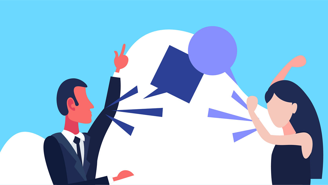 A businessman and a woman are arguing with each other.