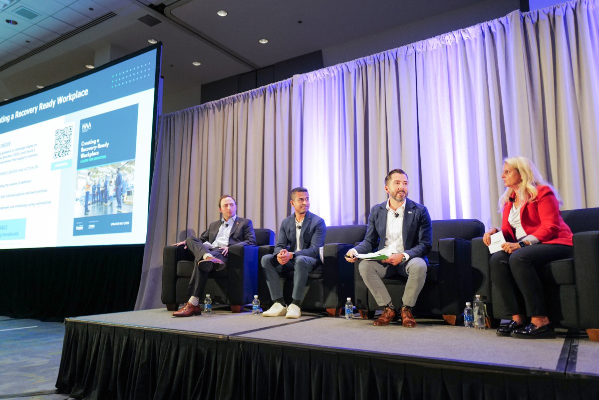 From left, Jake Gurock, principal, Cerity Partners; Amanta Mazumdar, vice president-total rewards, Hilton; Stephen Massey, co-founder and CEO, Health Action Alliance; and Kirsten Seckler, chief marketing and communications officer, Shatterproof.