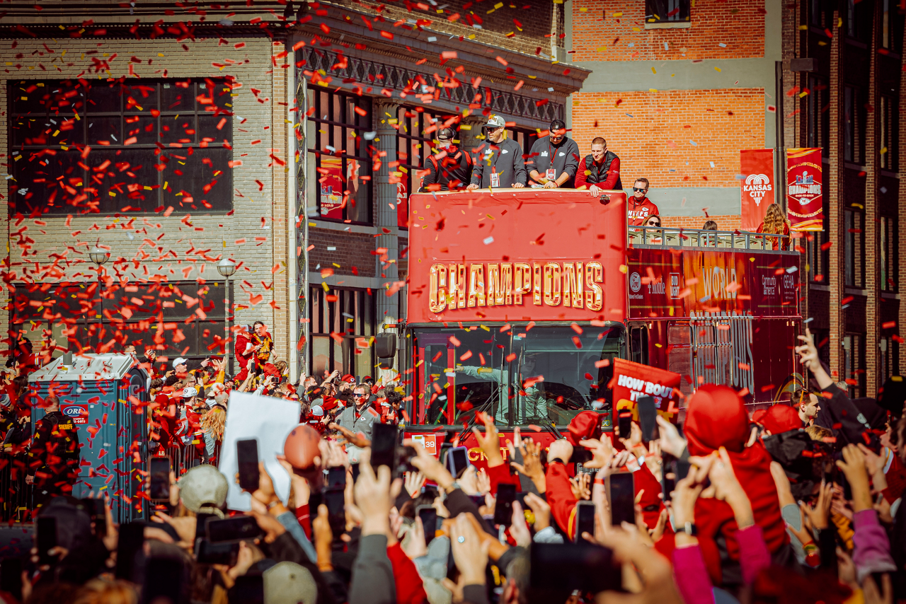 Chiefs fans celebrate the arrival of the Super Bowl Champions in downtown Kansas City prior to a mass shooting.