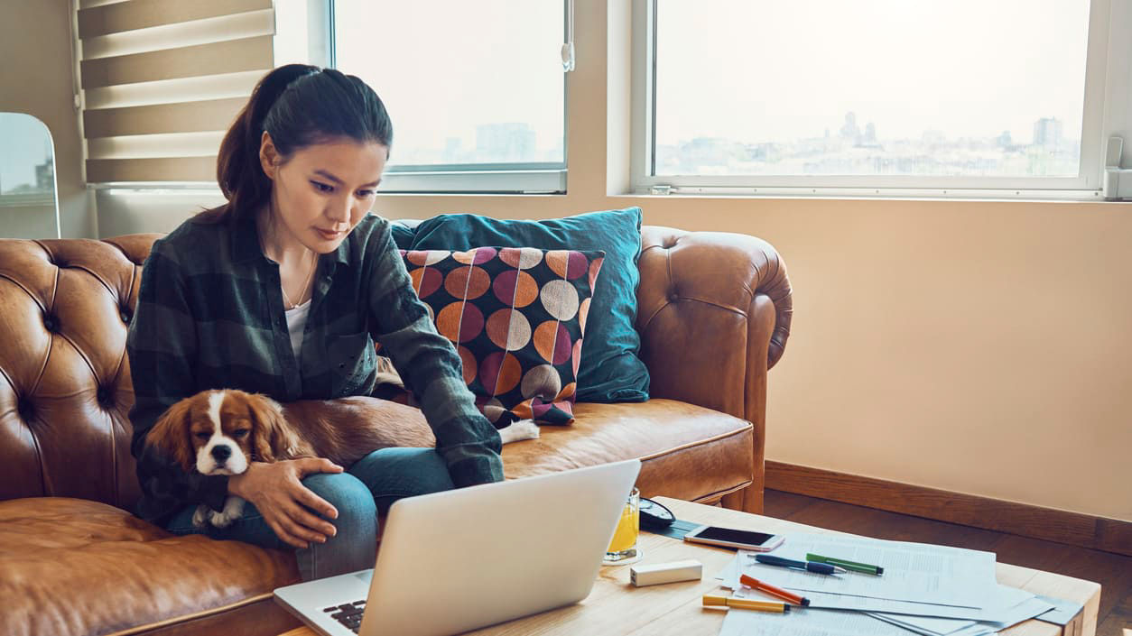A woman sitting on a couch with a dog and a laptop.