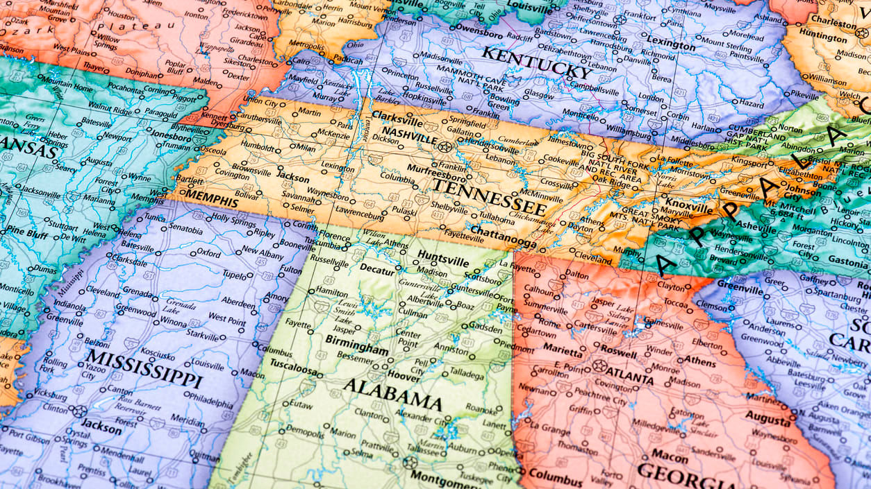 A map of the state of tennessee.