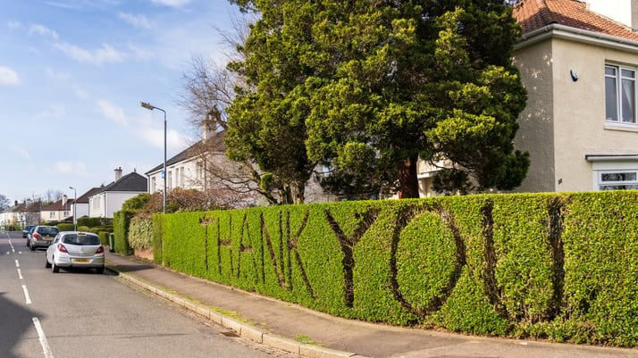 Thank you written on a hedge in front of a house.