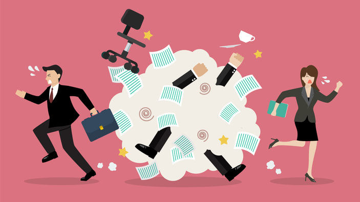 A group of business people running away from a cloud of papers.