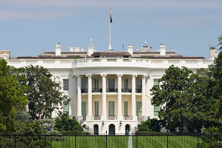 Daytime view of the southern facade of the white house with it’s semi-circular portico (Washington DC).