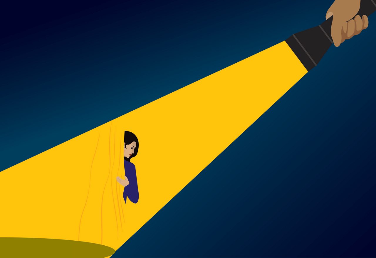 An illustration of a woman under a large representation of a flashlight. In the two pictures below: An illustration of an open door with light shining through. And a group of business people follow a leader out into the light.