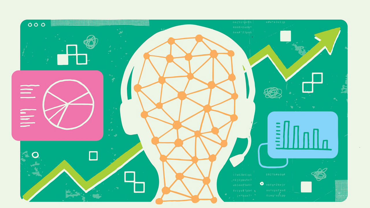 An illustration of a person with a headset and graphs.