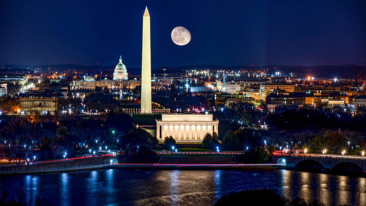 The washington monument and washington, dc at night.
