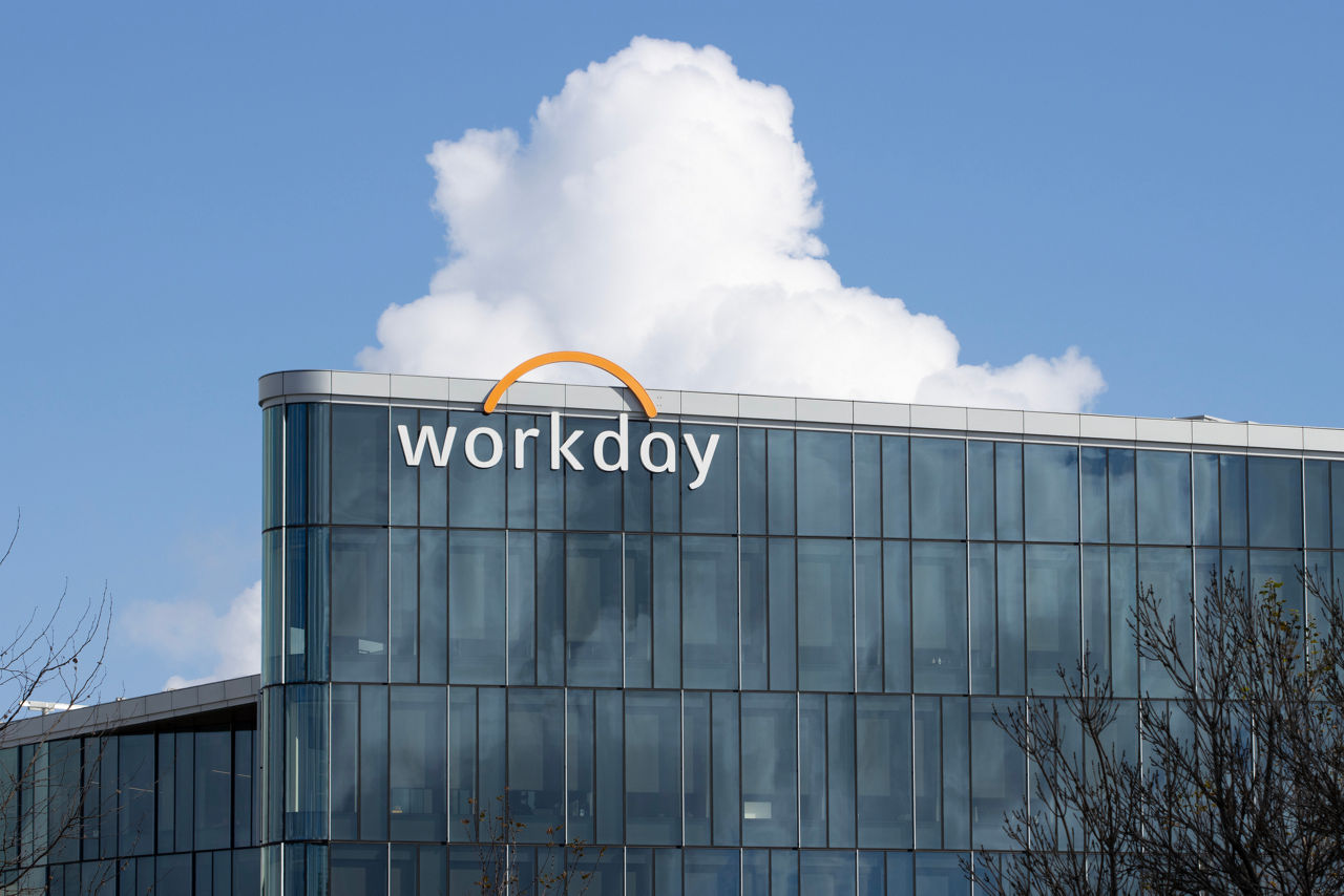 Pleasanton, CA, USA - Feb 21, 2024: Exterior view of Workday's headquarters building in Pleasanton, California. Workday provides enterprise cloud applications for finance and human resources.