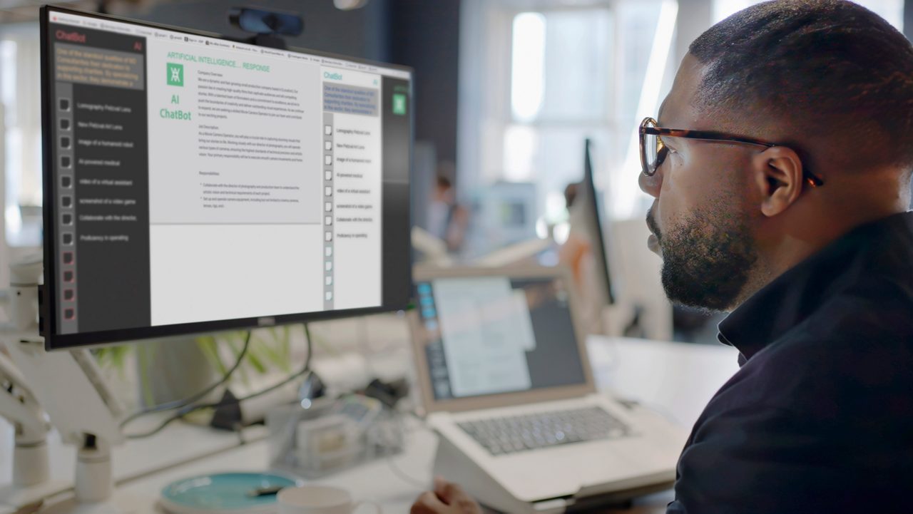 Office employee uses an AI chatbot on his computer at his desk