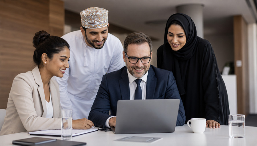 Workers looking at a laptop smiling
