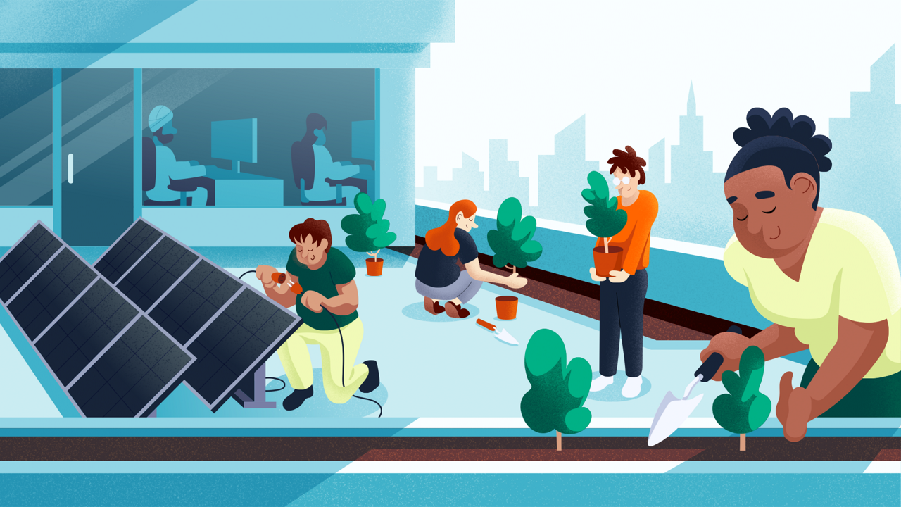 illustration of employees gardening on roof of office building, near solar panels