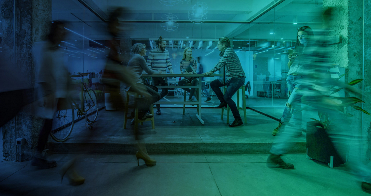 SHRM Labs stylized background of people walking
