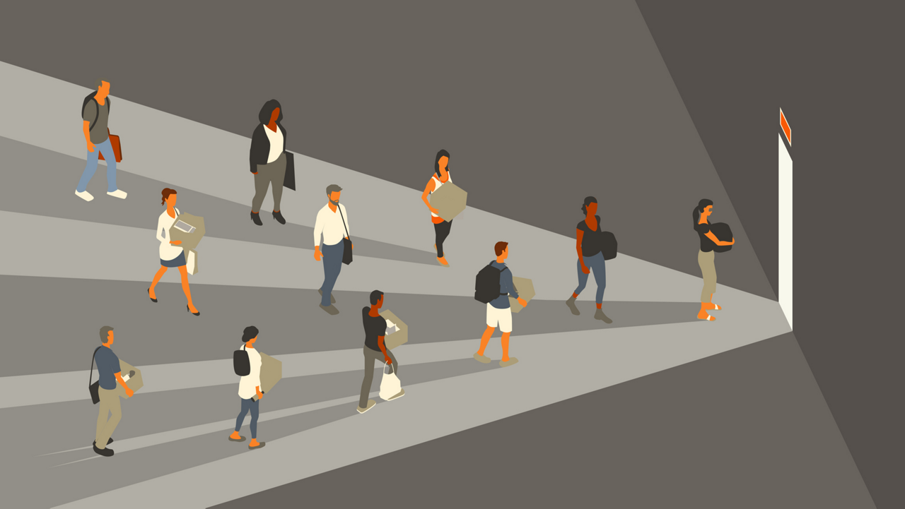 group of people moving towards exit door carrying items