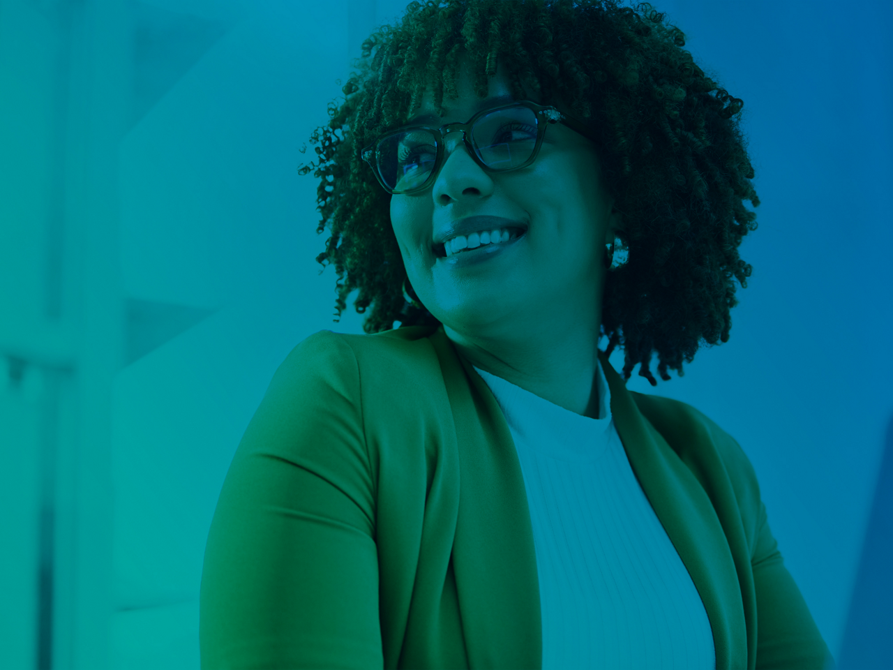 Black woman at office, glasses on face with happy smile and thinking of future of corporate in South Africa. Young African person with spectacles at work, confident in career and professional job