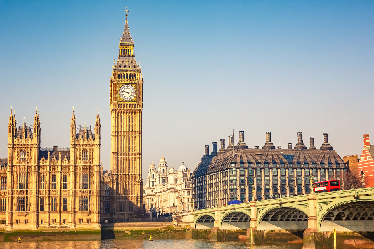 A bridge leading to Big Ben and the Houses of Parliament in London