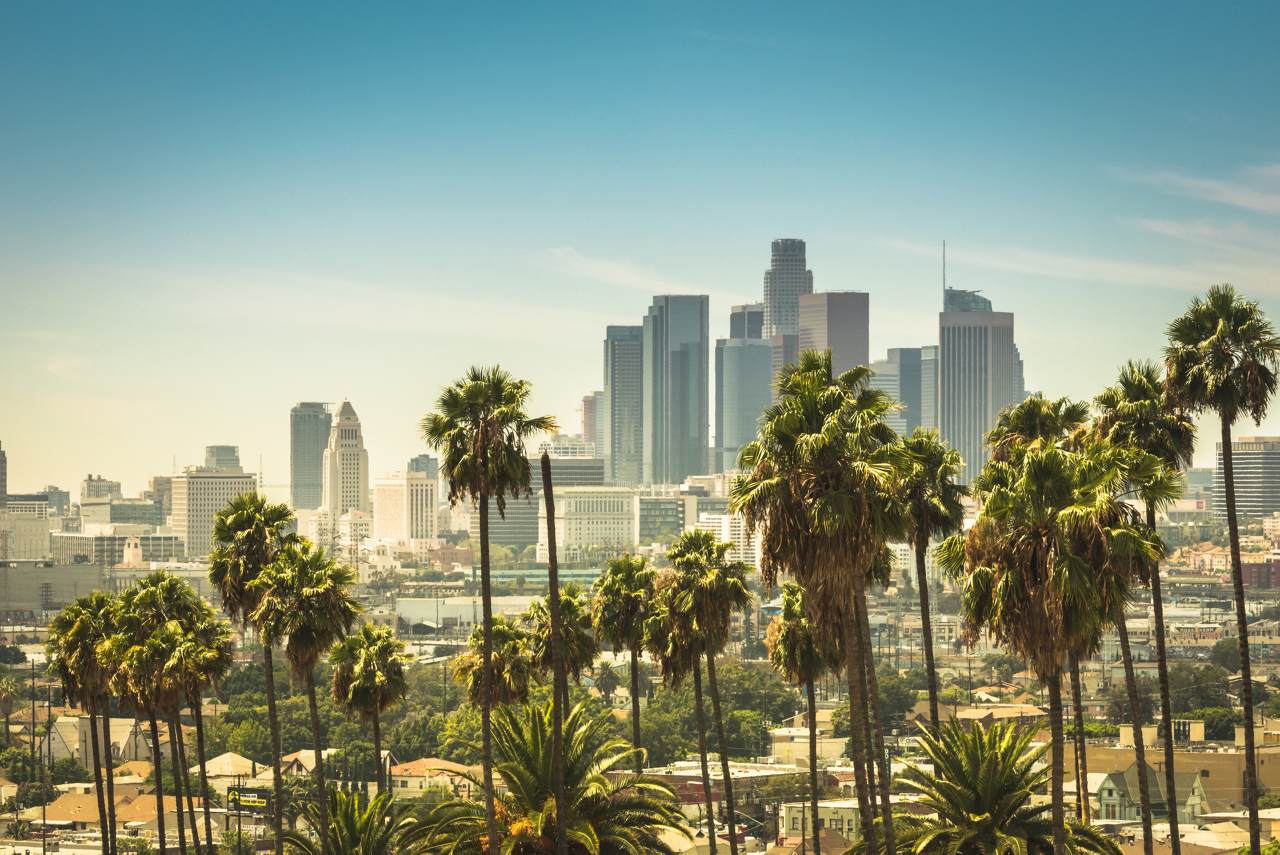 Aerial view of the business district in Downtown of Los Angeles in background from  Lincoln Heights neighborhood.