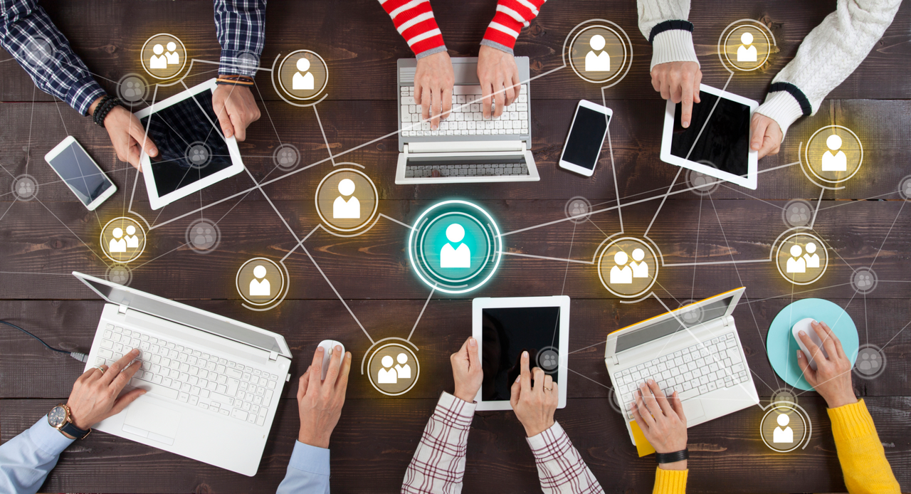 electronic devices around connected by people graphics