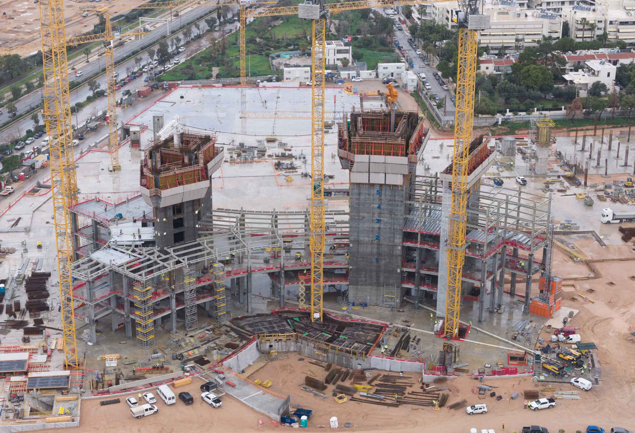 Aerial view of high rise construction site