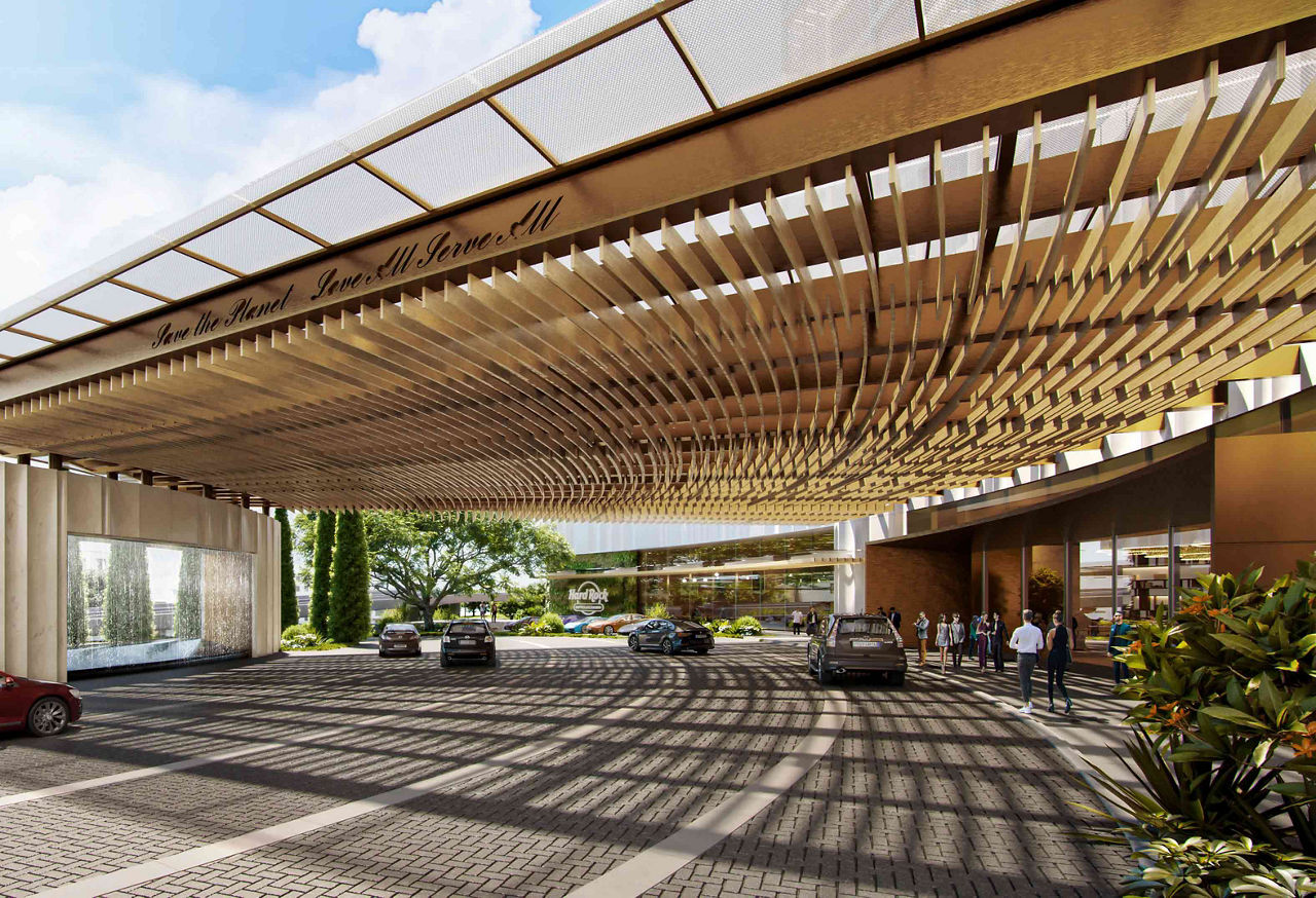 Modern luxury hotel entrance with porte cochere