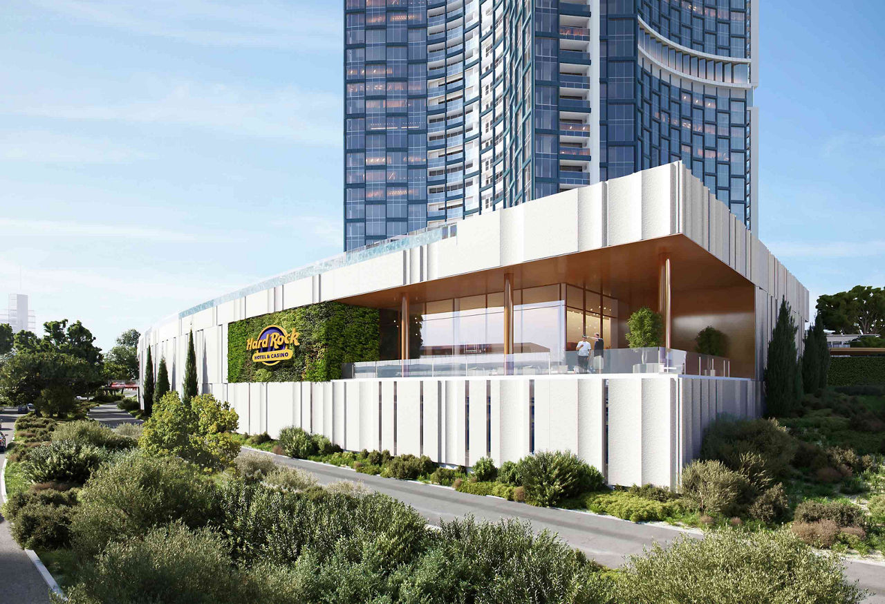 Modern hotel tower with elevated terrace restaurant