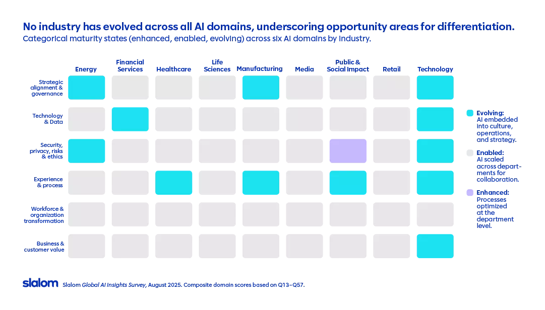 A heatmap-style grid showing each industry’s maturity state—enhanced, enabled, or evolving—across six AI domains. Most industries appear in the enabled tier, with evolving maturity concentrated primarily in the technology sector.​