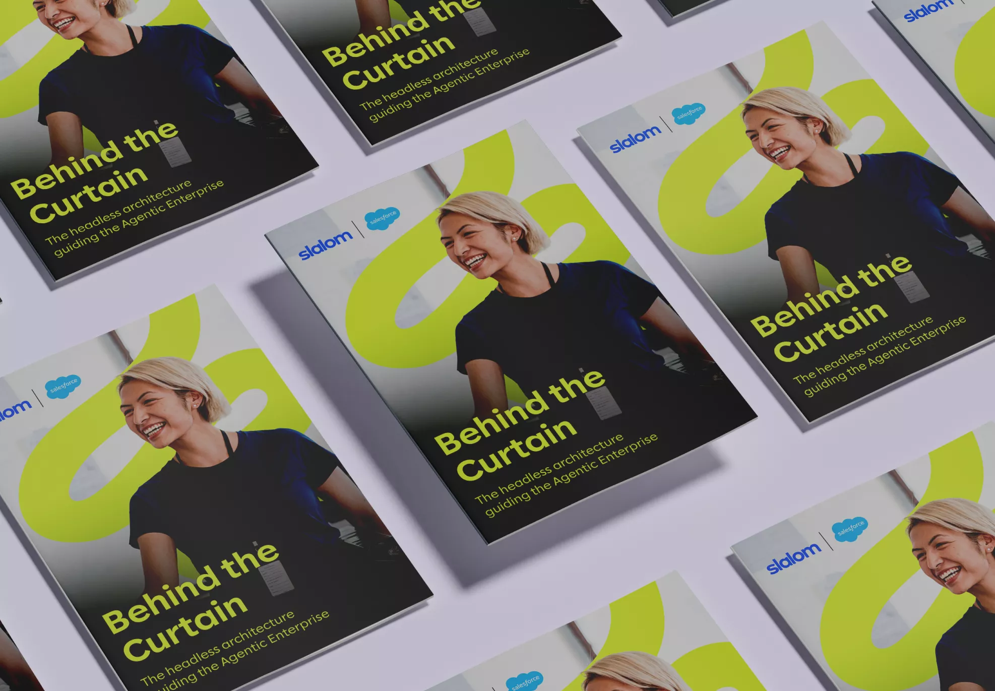 Multiple brochure covers titled "Behind the Curtain" are arranged in a neat grid on a light surface. Each cover features a smiling person with short blonde hair against a dark background and a large lime-green abstract shape. The text highlights "The hidden architecture of the modern Agency Enterprise" along with visible marks for sidom and a cloud icon. The repeated composition emphasizes modern design, editorial layout, and professional marketing materials.