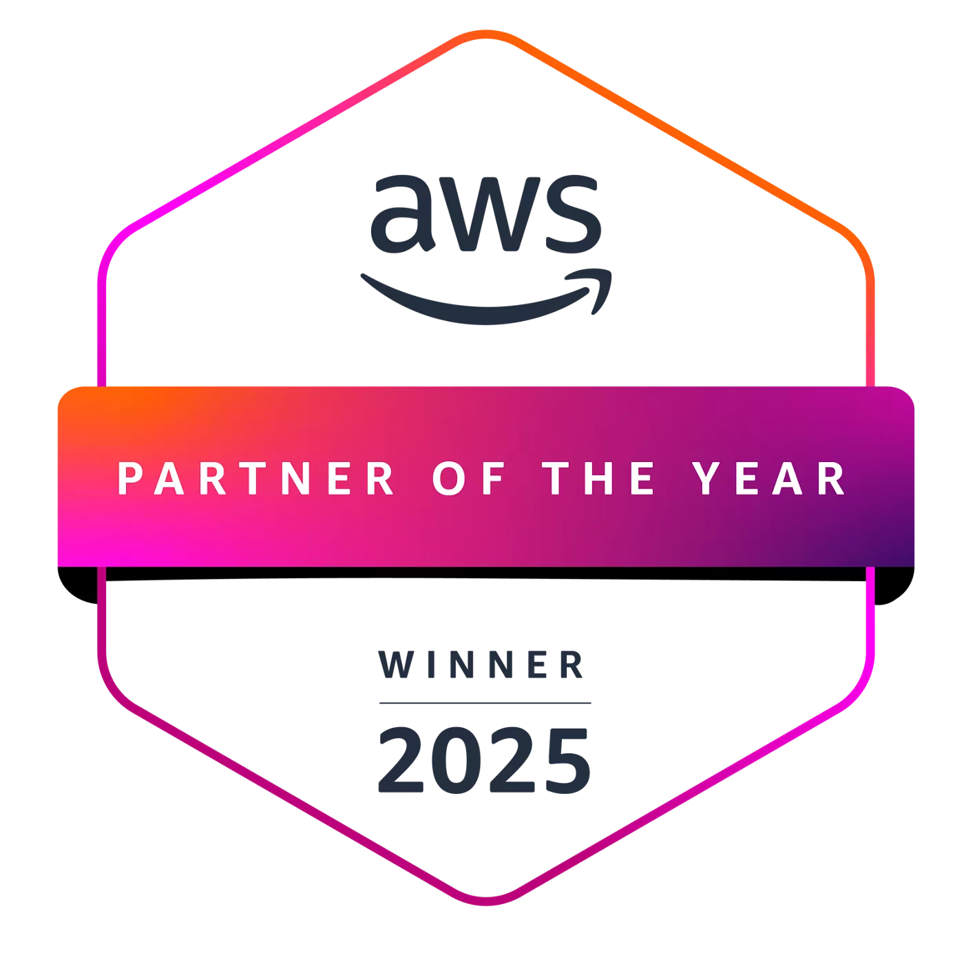 A colorful hexagonal badge highlights an AWS Partner of the Year award. The central band reads "PARTNER OF THE YEAR" in white text on a gradient background. Above the band is the aws wordmark, and below it the text "WINNER" and the year "2025" are displayed. The design uses a vibrant gradient outline transitioning from orange to pink and purple on a dark background.