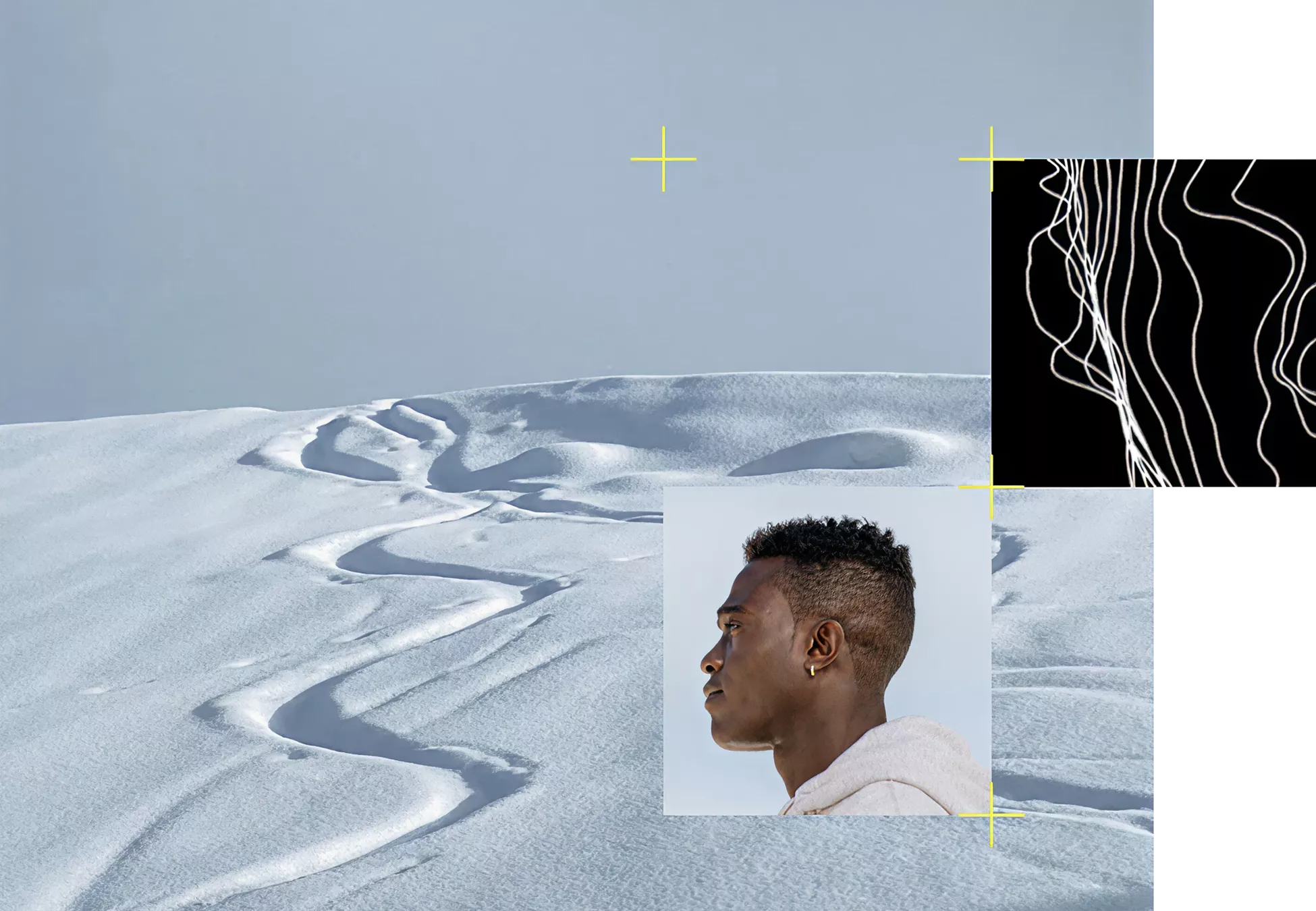A young man’s side-profile portrait is overlaid on a vast snowy landscape with winding tracks in the snow. Minimal graphic elements, including yellow crosshairs and a black square with white abstract contour lines, add a modern design feel. The sky is clear and muted, emphasizing the clean, minimalist composition. The image blends natural scenery with contemporary graphic art for a stylish, editorial look.