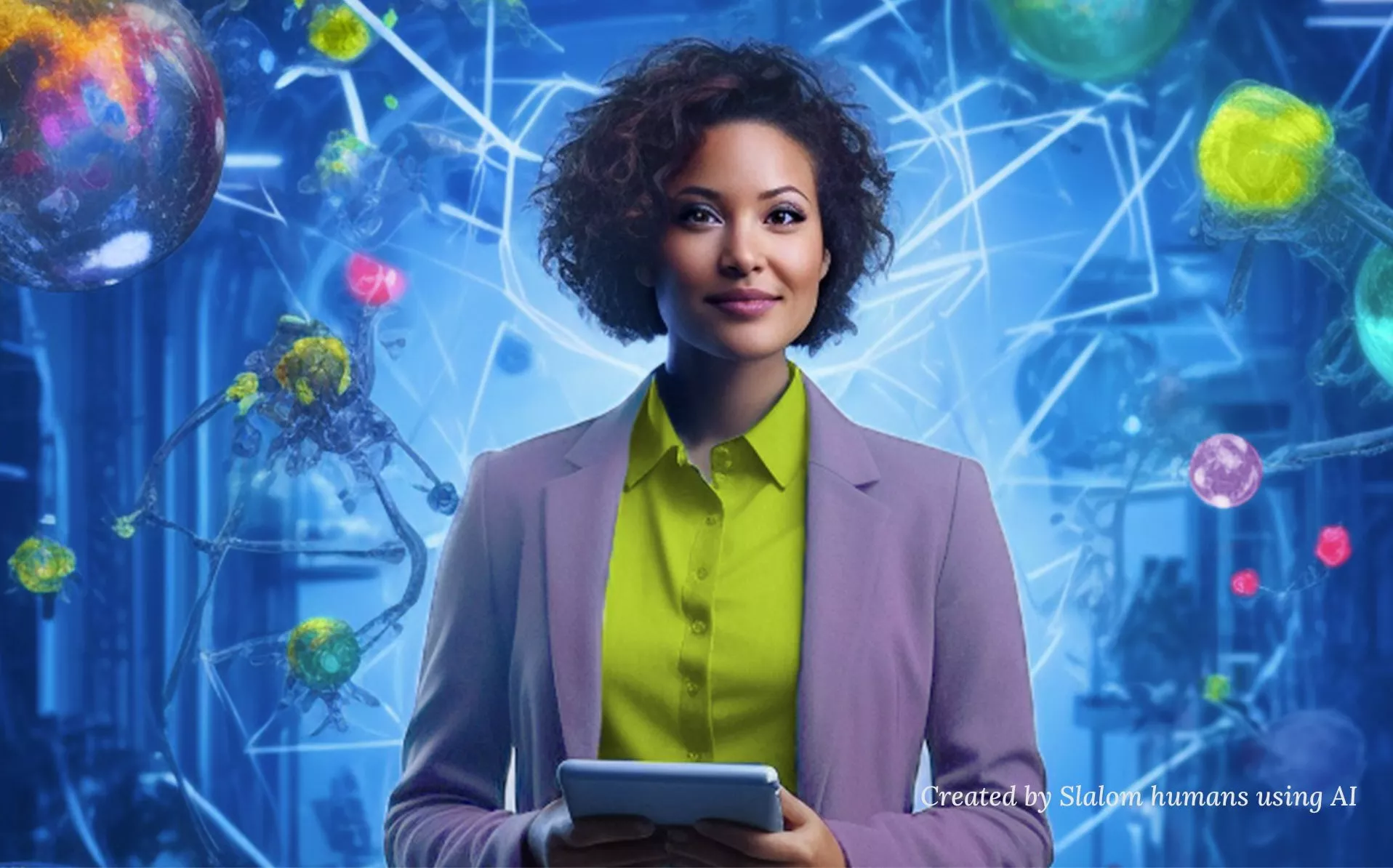 Person standing in front of abstract lab in green jacket with purple shirt