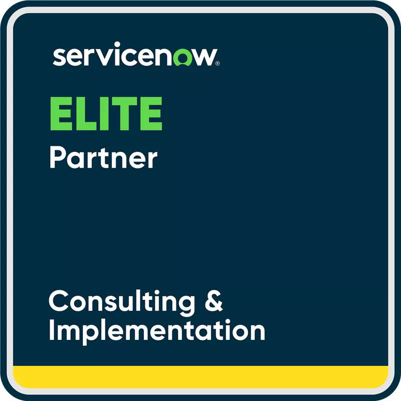 Square badge features the ServiceNow name and highlights 'ELITE Partner' status. The text 'Consulting & Implementation' is prominently displayed below, all set against a dark blue background with green and white accents. No people are present, and the design is clean and professional.