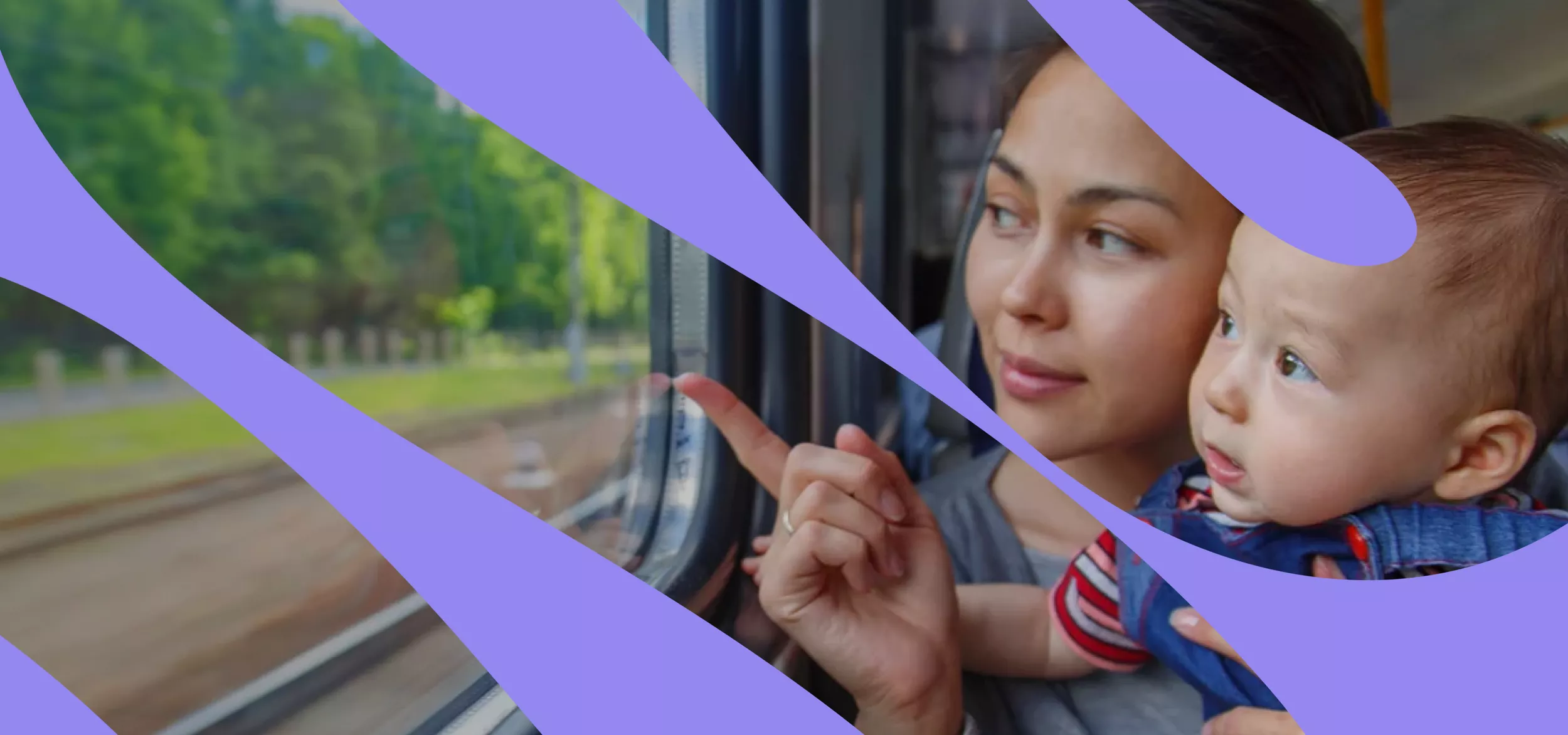 A woman holds a baby while they look out the window of a moving train. The scene outside shows blurred greenery and tracks, suggesting travel through the countryside. The woman gently points at something outside, drawing the baby's curious gaze. Abstract purple graphic shapes overlay the image, adding a modern, creative design element.