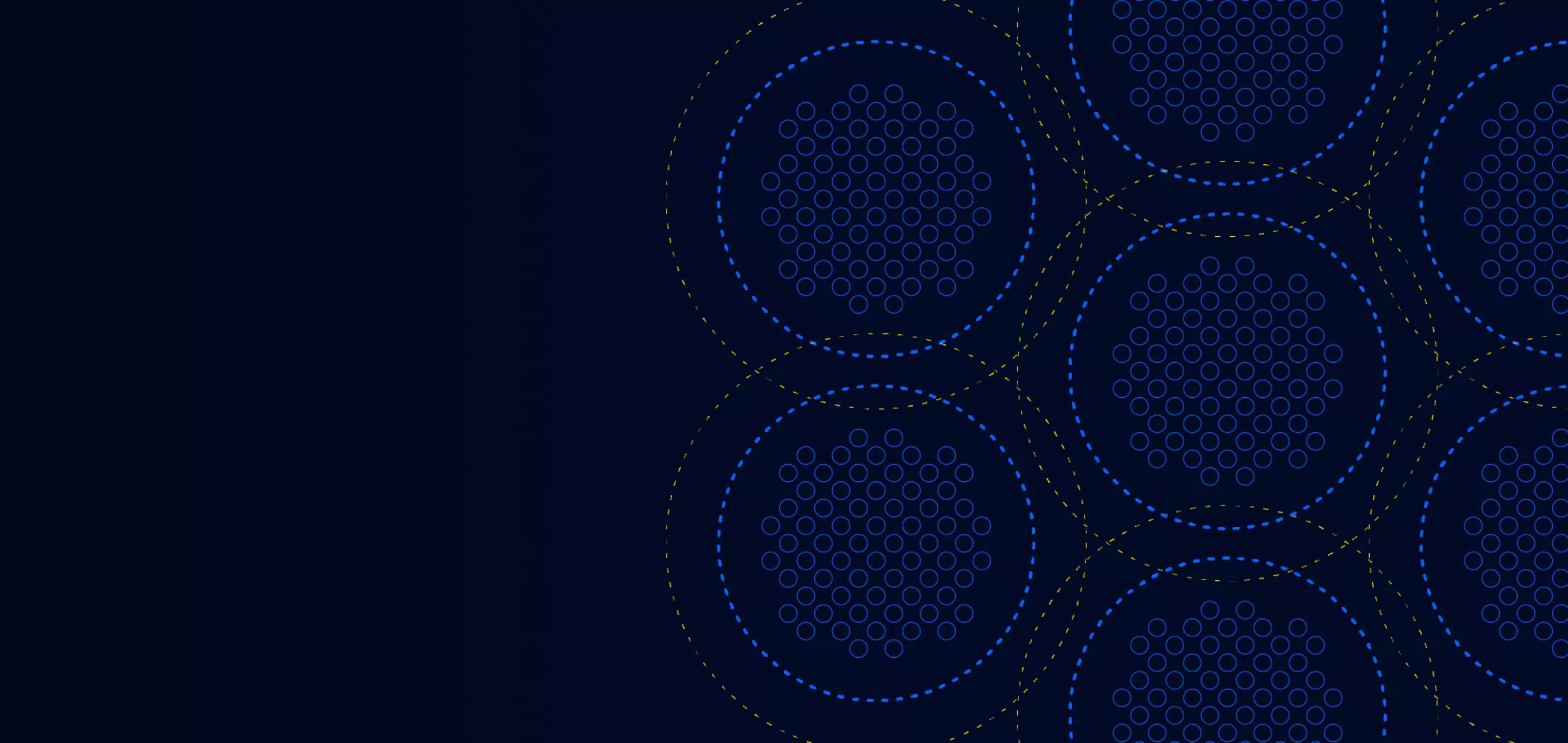 Abstract geometric background featuring concentric circular patterns on a dark blue field. The right side shows repeated circles filled with small dotted motifs, outlined by dashed rings. The left side is mostly empty, creating negative space for copy or interface elements. The overall design is modern and minimal, suitable for technology or corporate themes.