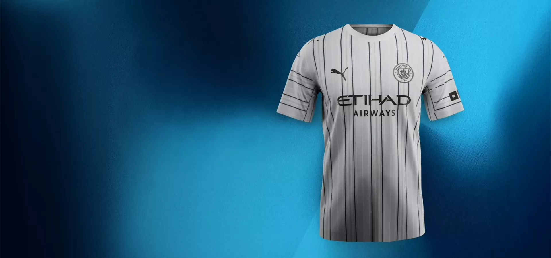Image of a Manchester City football jersey displayed against a blue gradient background. The shirt is light grey with thin vertical dark stripes and short sleeves. Visible text includes "ETIHAD AIRWAYS" across the chest and the Manchester City club crest on the upper left side. A Puma cat symbol appears on the upper right side of the jersey.