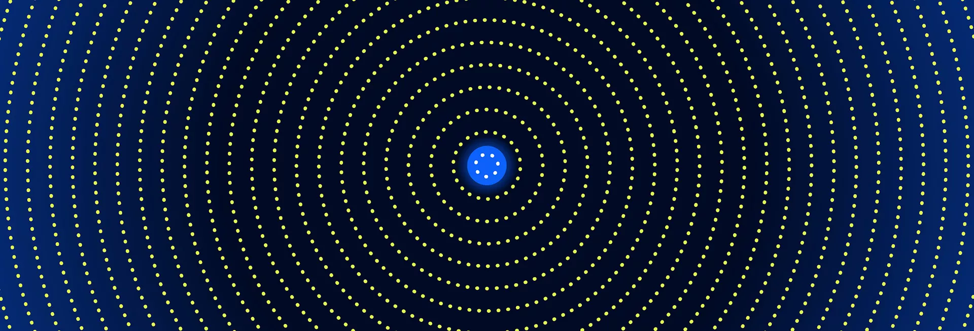 The image features a series of evenly spaced yellow dots arranged in concentric circles radiating from a central blue point. The background is a gradient of deep blue, creating a sense of depth and focus. The visual effect is geometric and abstract, evoking a sense of symmetry and order. No visible text, numbers, or identifiable brands are present.