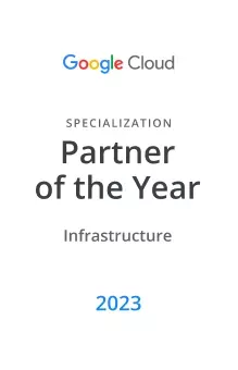 This image features a Google Cloud award graphic for 'Partner of the Year' in the Infrastructure specialization. The design is minimal with a white background and clear, bold text. The year '2023' is prominently displayed in blue at the bottom. The Google Cloud logo is visible at the top, emphasizing the official recognition.