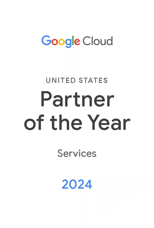 Award badge for Google Cloud United States Partner of the Year in Services for 2024. The design features a clean white background with the Google Cloud logo at the top. The text highlights the award category and year, making it clear and prominent. The overall style is modern and professional, suitable for corporate recognition.