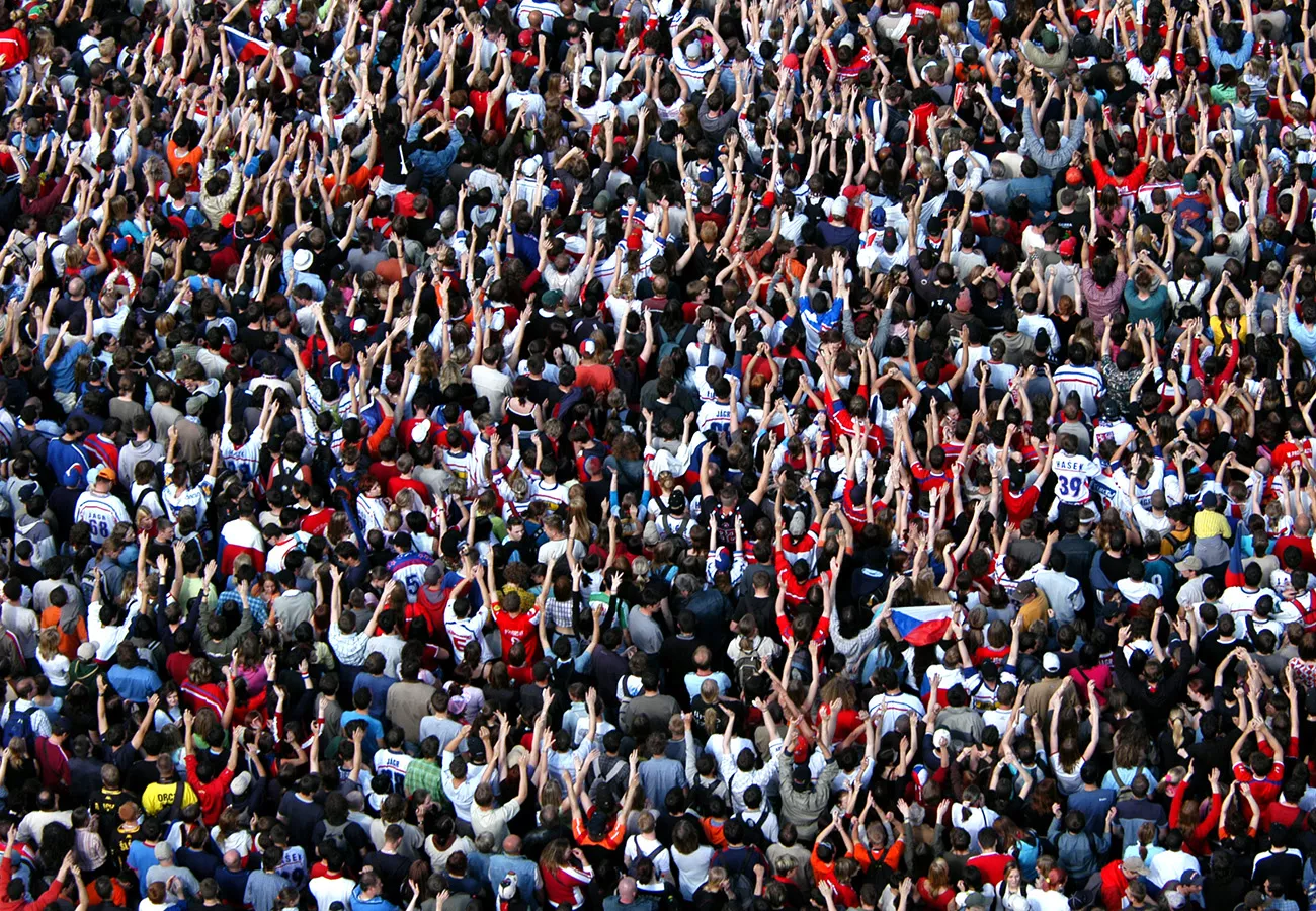 Huge crowd of ice hockey fans celebrating a victory of the Czech team in Prague, Czech Republic
