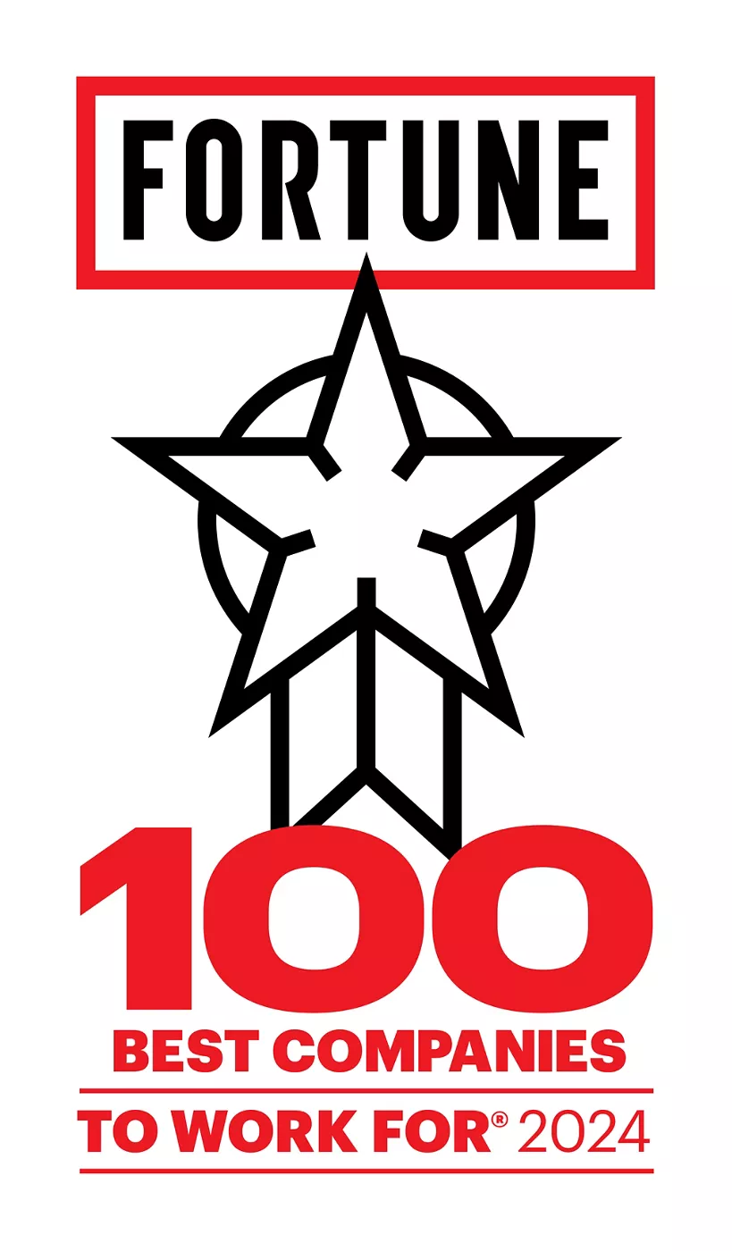 A graphic featuring the Fortune logo above a stylized star and ribbon illustration. Bold red text highlights '100 Best Companies to Work For 2024' beneath the star. The design uses a modern, clean layout with a red, black, and white color palette. The year 2024 is clearly visible in the text.