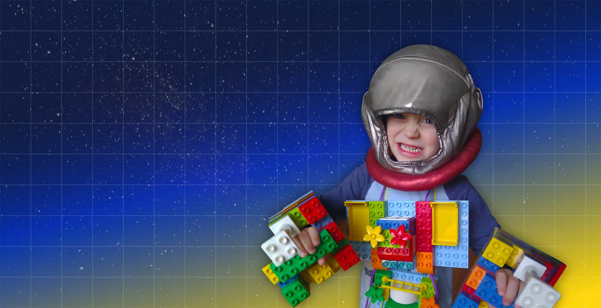 Young boy makes space suit out of Lego blocks